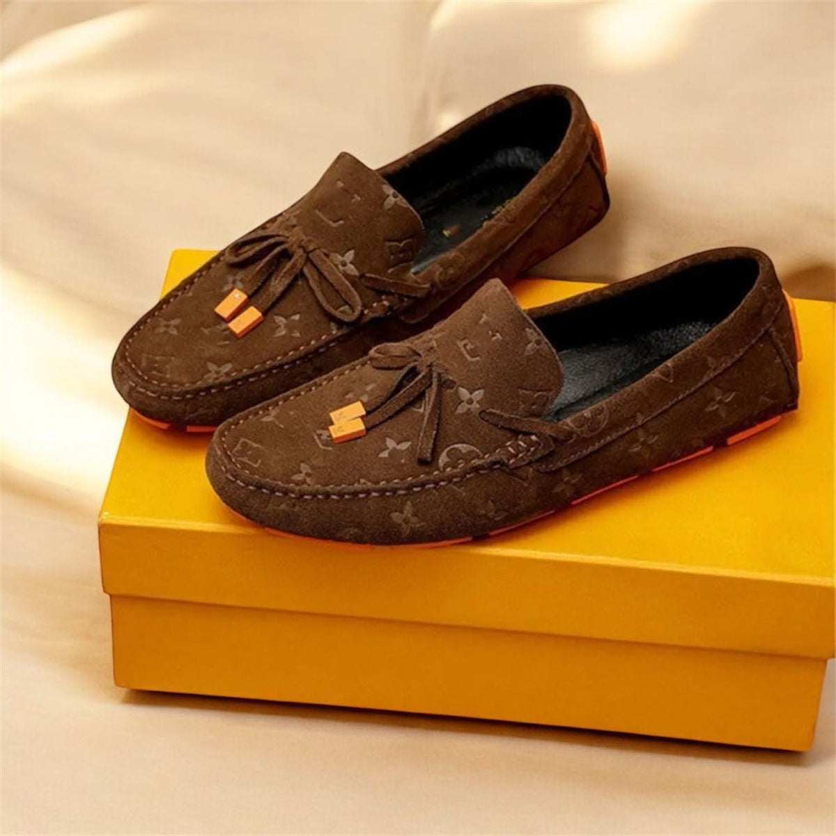 Louiss Vuittion Suede Embossed Luxury Loafers ( BROWN)