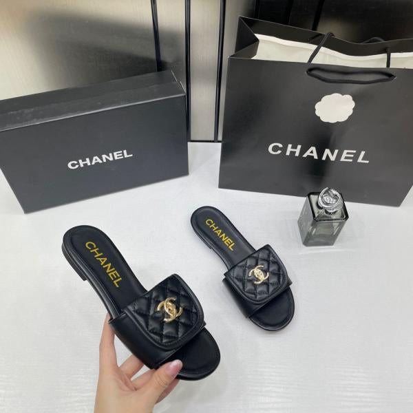 Chanel Black Gold CC Turnlock Quilted Slides Mules
