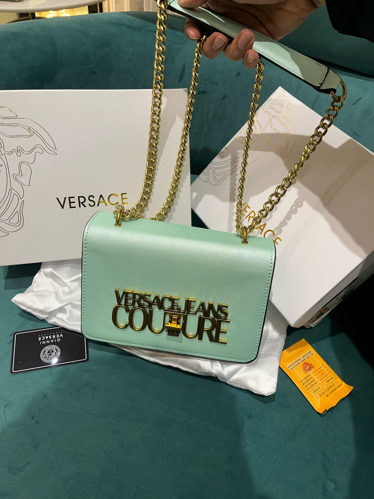 *Versace Jeans Couture Saffiano Lock Crossbody Bag (Pistachio Green)🤍💯