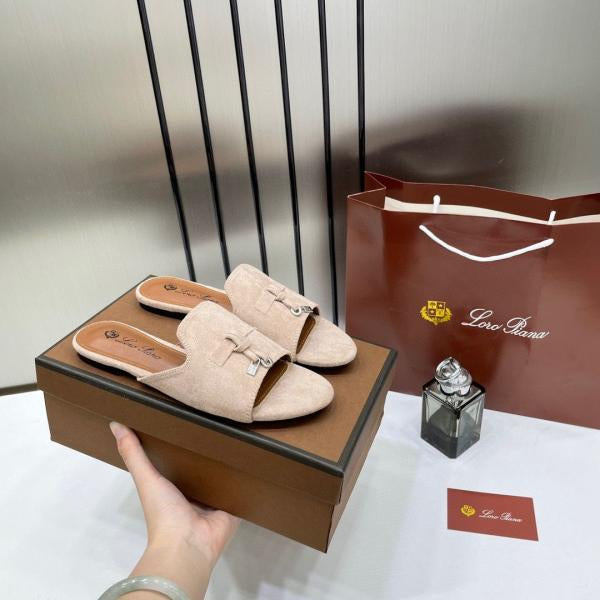 Loro Piana Summer Charms Apricot suede Flat Slides