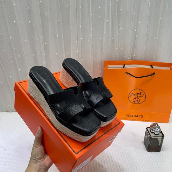 Hermes Black Oran Wedge Platform Sandal Heel