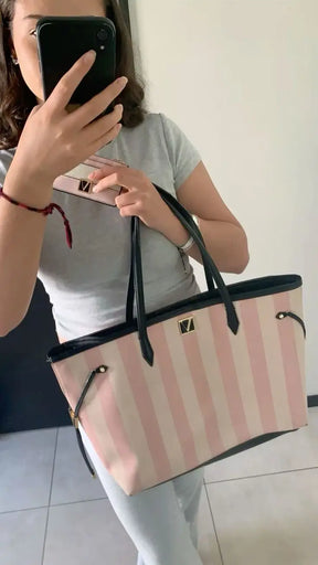 Victoria Secret The Victoria Large Tote Bag With Card Holder Keychain Pink White