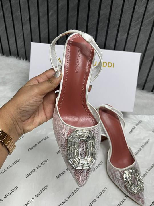 Amina Muaddi Camellia Crystal Embellished Lace SlingBack White Heels