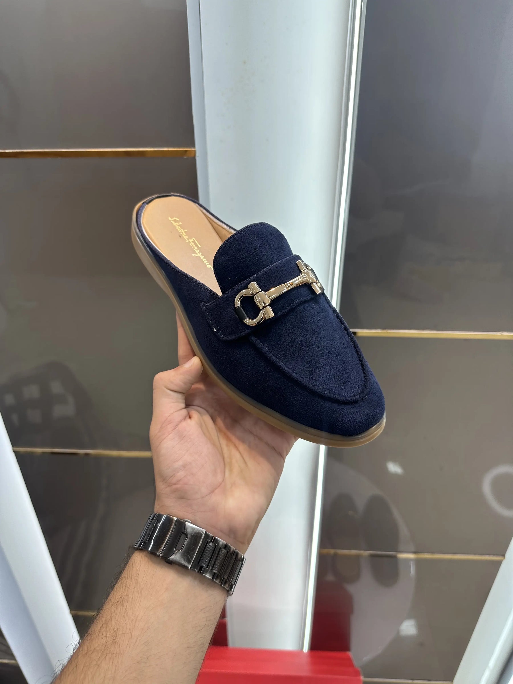Salvatore_Ferragamo Blue Premium Suede Leather Slip-On Mules