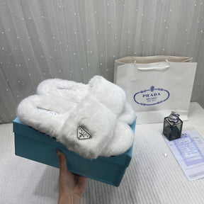 Prada Furry White Slippers