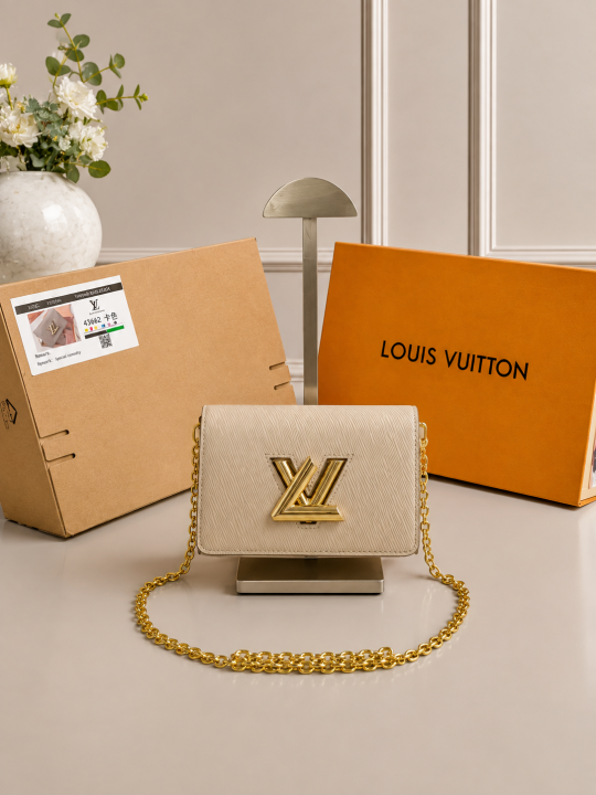 Louis Vuitton Twist MM Bag Crafted Epi Leather Sling Chain Strap Beige