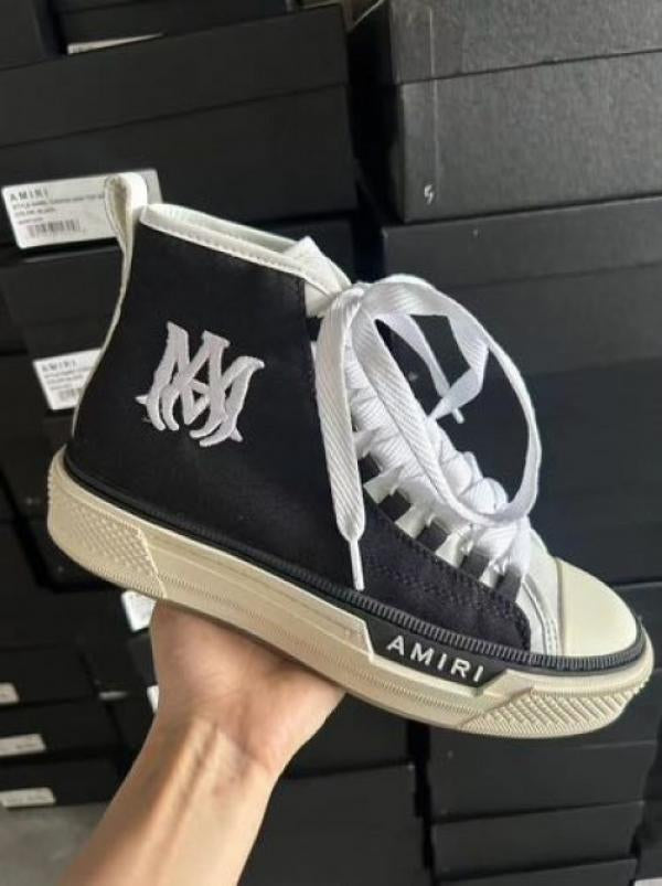 AMIRRI Ma court leather trimmed canvas high top sneakers black