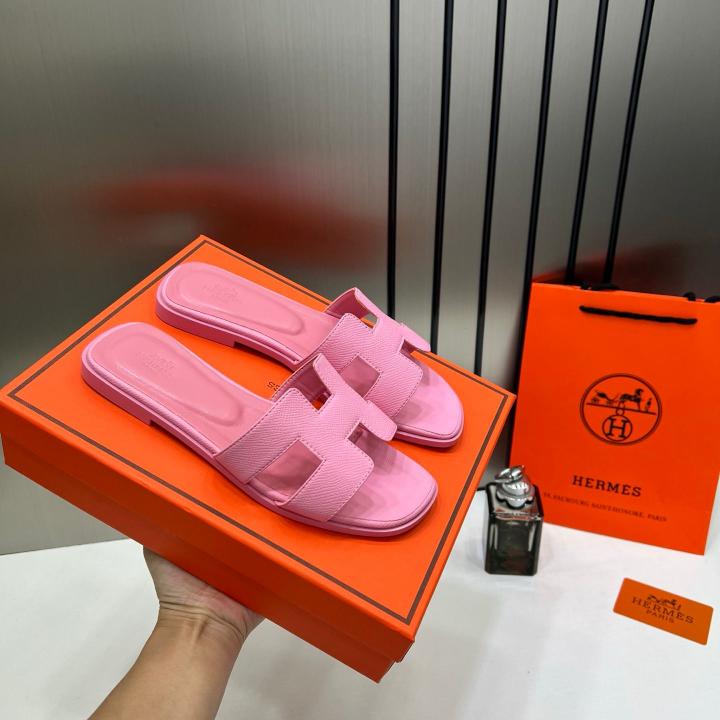 Hermes Paris Oran Flats For Her With OG Box & Carry Bag Pink Slide