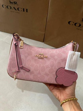 Coach Teri Shoulder Bag Signature Canvas with Flower Charms Chain Powder Pink