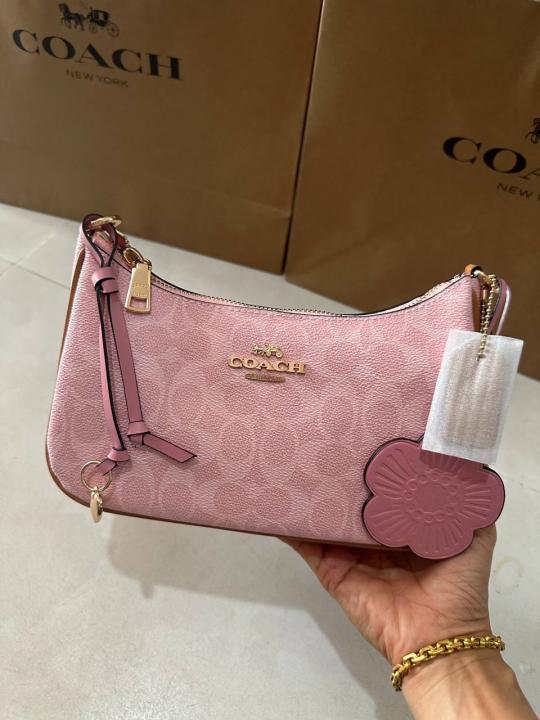 Coach Teri Shoulder Bag Signature Canvas with Flower Charms Chain Powder Pink