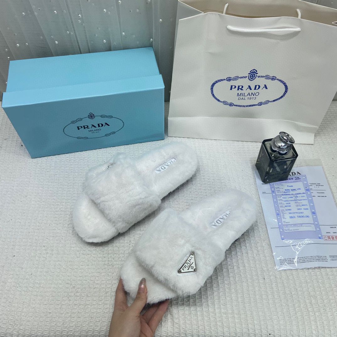 Prada Furry White Slippers