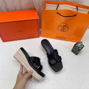 Hermes Black Oran Wedge Platform Sandal Heel
