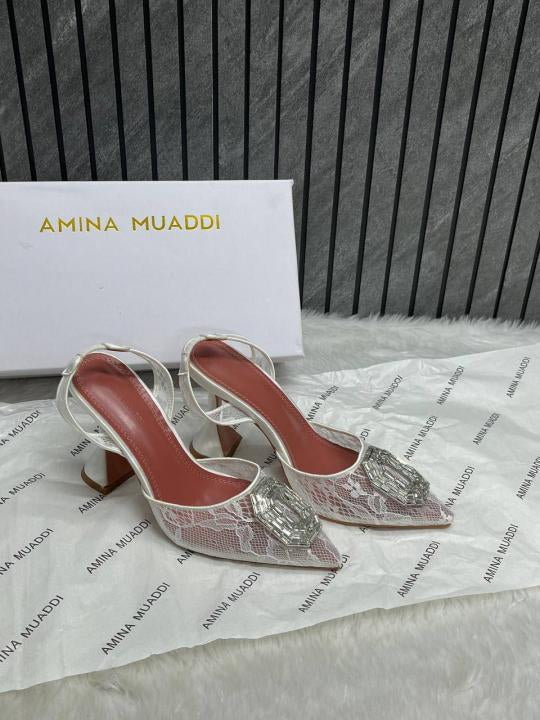 Amina Muaddi Camellia Crystal Embellished Lace SlingBack White Heels
