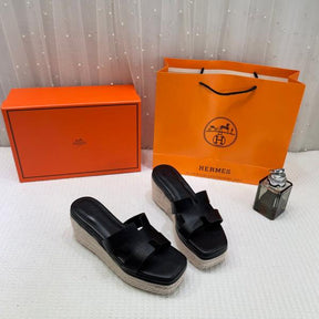 Hermes Black Oran Wedge Platform Sandal Heel