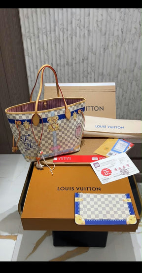 Louis Vuitton Neverfull Damier Azur Summer Trunks Forte dei Marmi MM Beige Lining