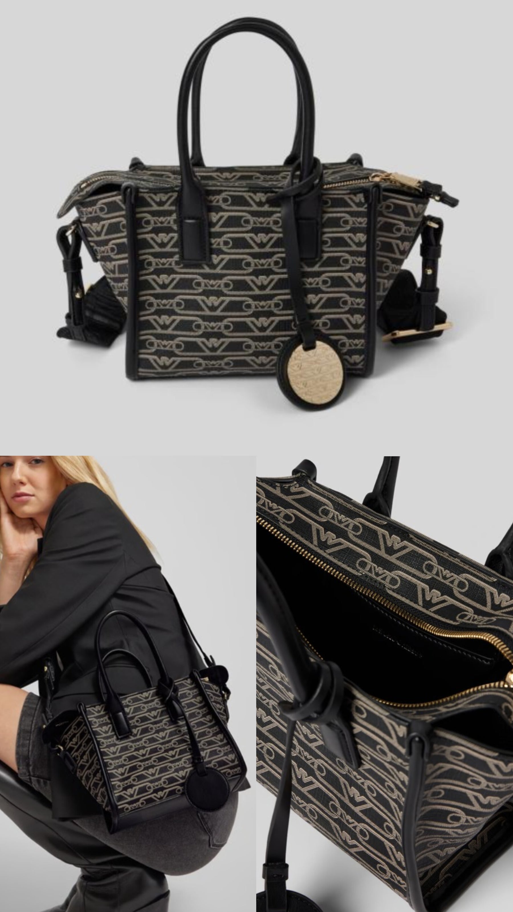 Emporio armani monogram-jacquard gold-tone logo charm tote bag