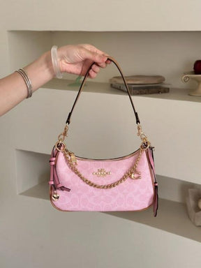 Coach Teri Shoulder Bag Signature Canvas with Flower Charms Chain Powder Pink