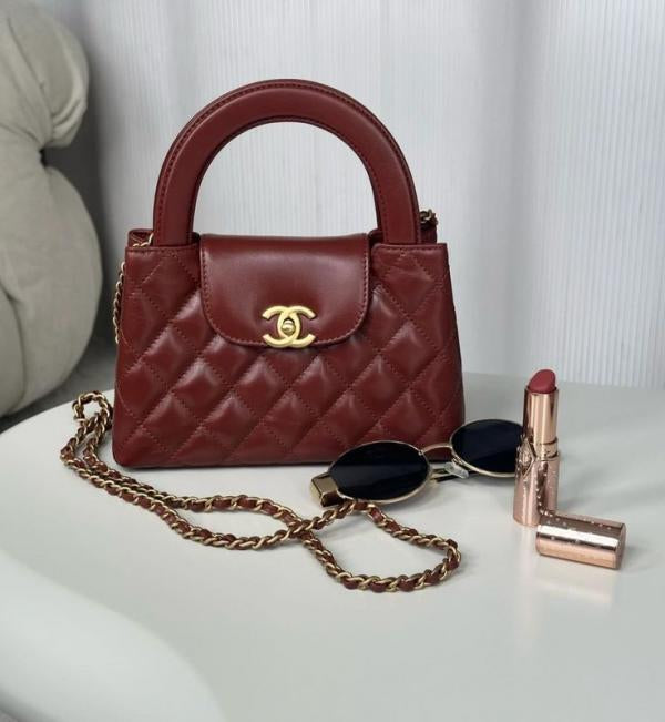 Chanel Mini EKelly Top Handle Bag Diamond Quilted CC Turn Bag Maroon