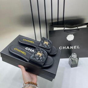 Chanel Black Gold CC Turnlock Quilted Slides Mules