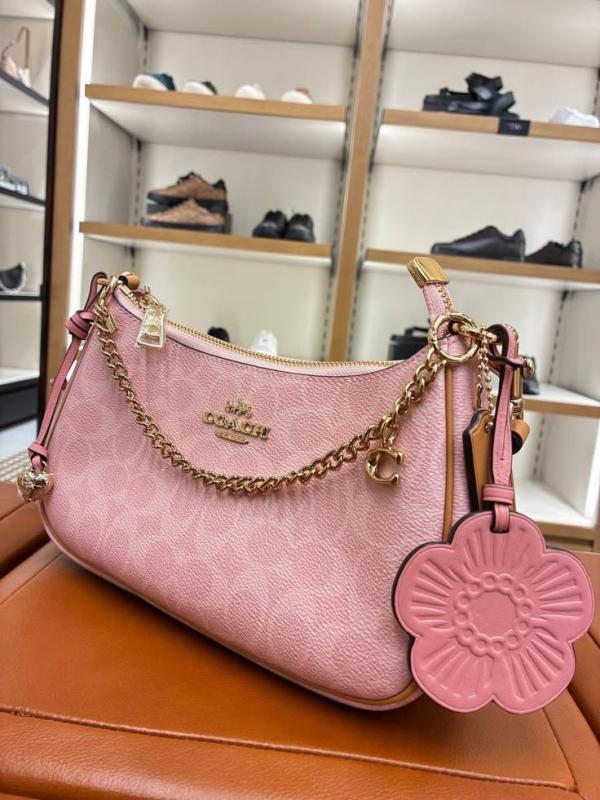 Coach Teri Shoulder Bag Signature Canvas with Flower Charms Chain Powder Pink