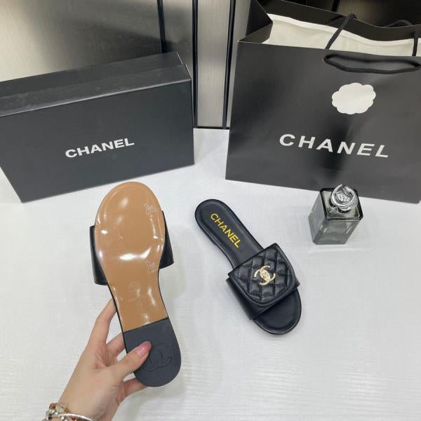 Chanel Black Gold CC Turnlock Quilted Slides Mules