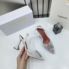 Amina Muaddi Camellia Crystal Embellished Lace SlingBack White Heels