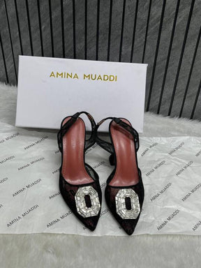 Amina Muaddi Camellia Crystal Embellished Lace SlingBack Black Heels