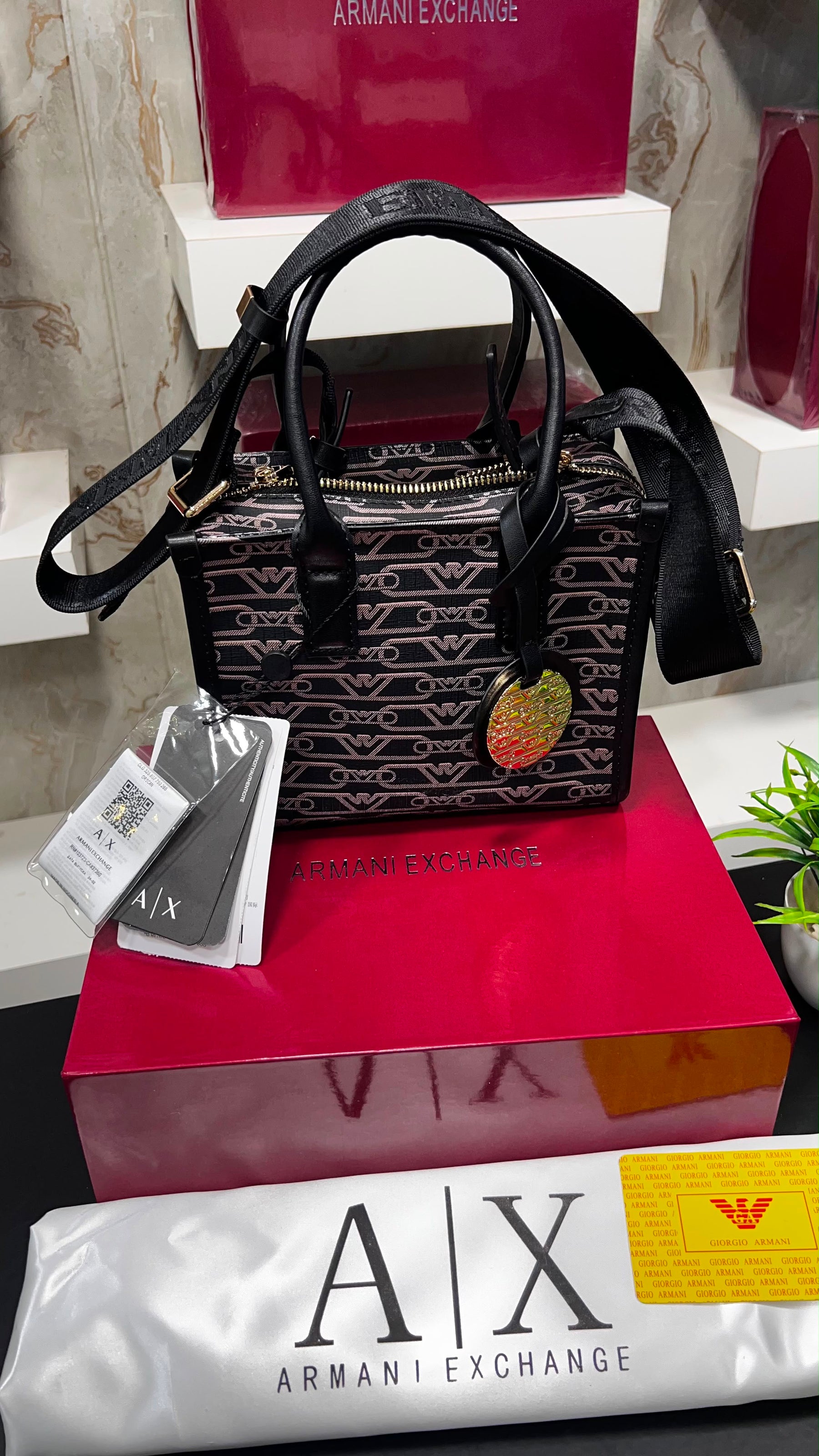 Emporio armani monogram-jacquard gold-tone logo charm tote bag