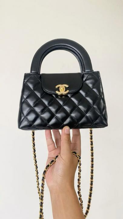 Chanel Mini EKelly Top Handle Bag Diamond Quilted CC Turn Bag Black