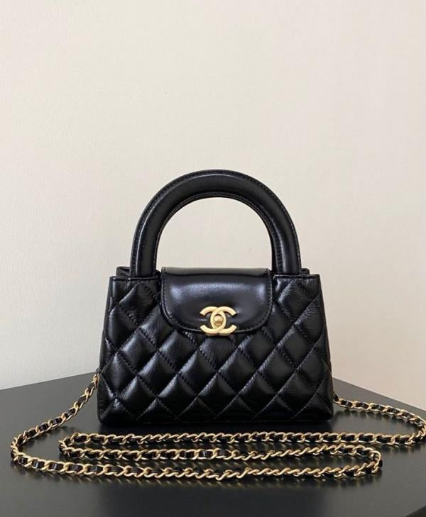 Chanel Mini EKelly Top Handle Bag Diamond Quilted CC Turn Bag Black